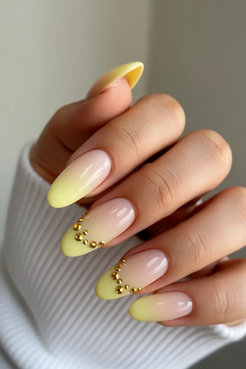 nails desig Soft Yellow Ombre with Gold Studs