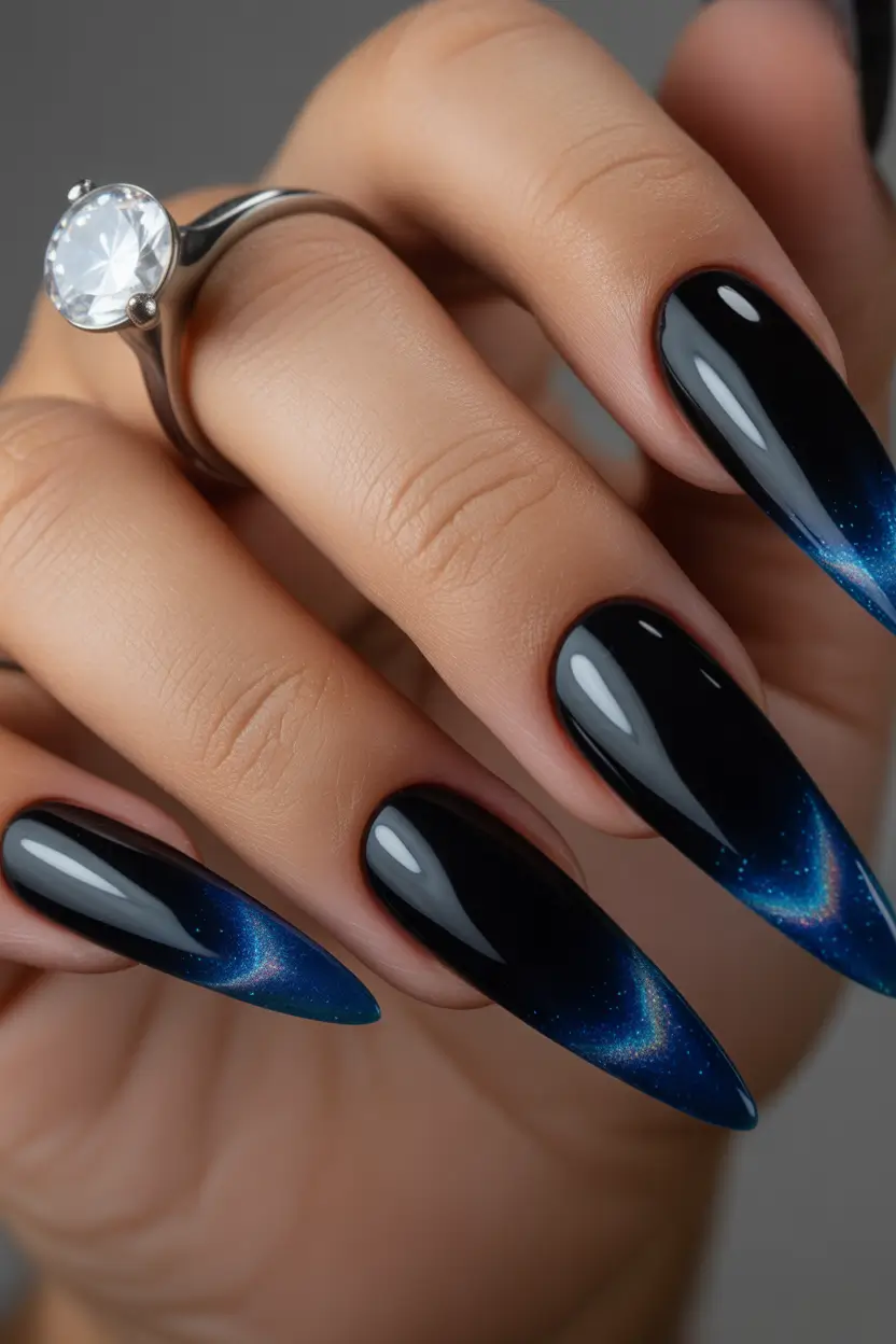 nails desig Midnight Blue Cat Eye Stilettos