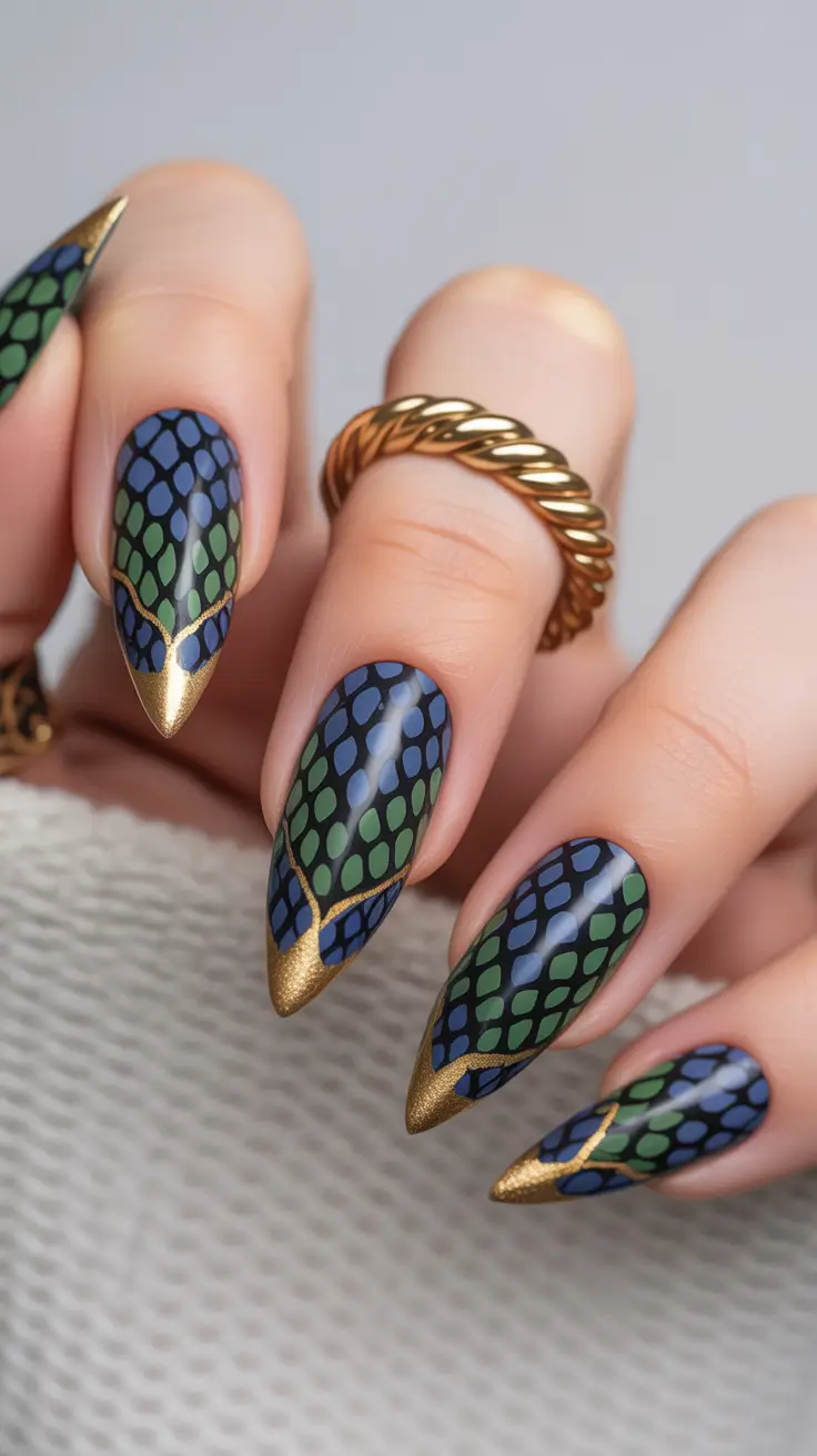 nails desig Textured Scale Art with Gold Tips