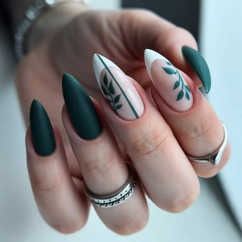 nails desig Forest Green Botanical Almonds
