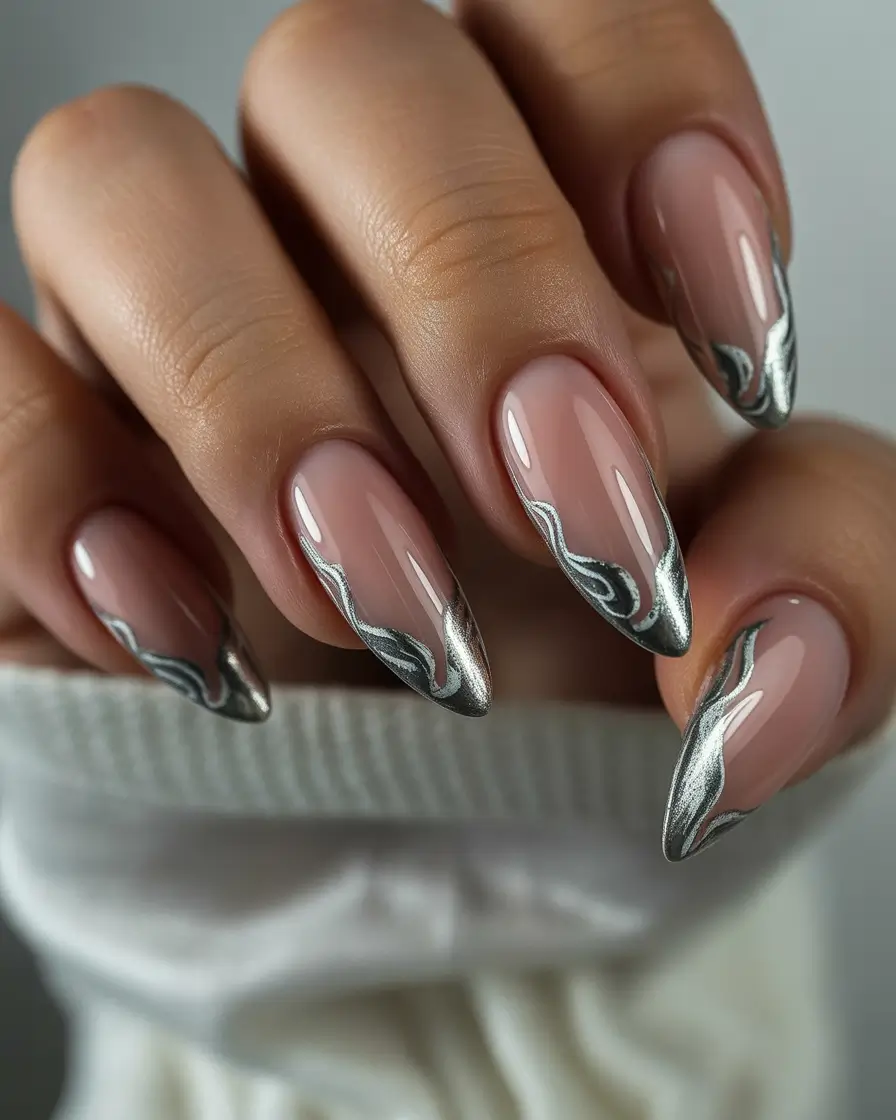 nails desig Soft Nude with Silver Flow