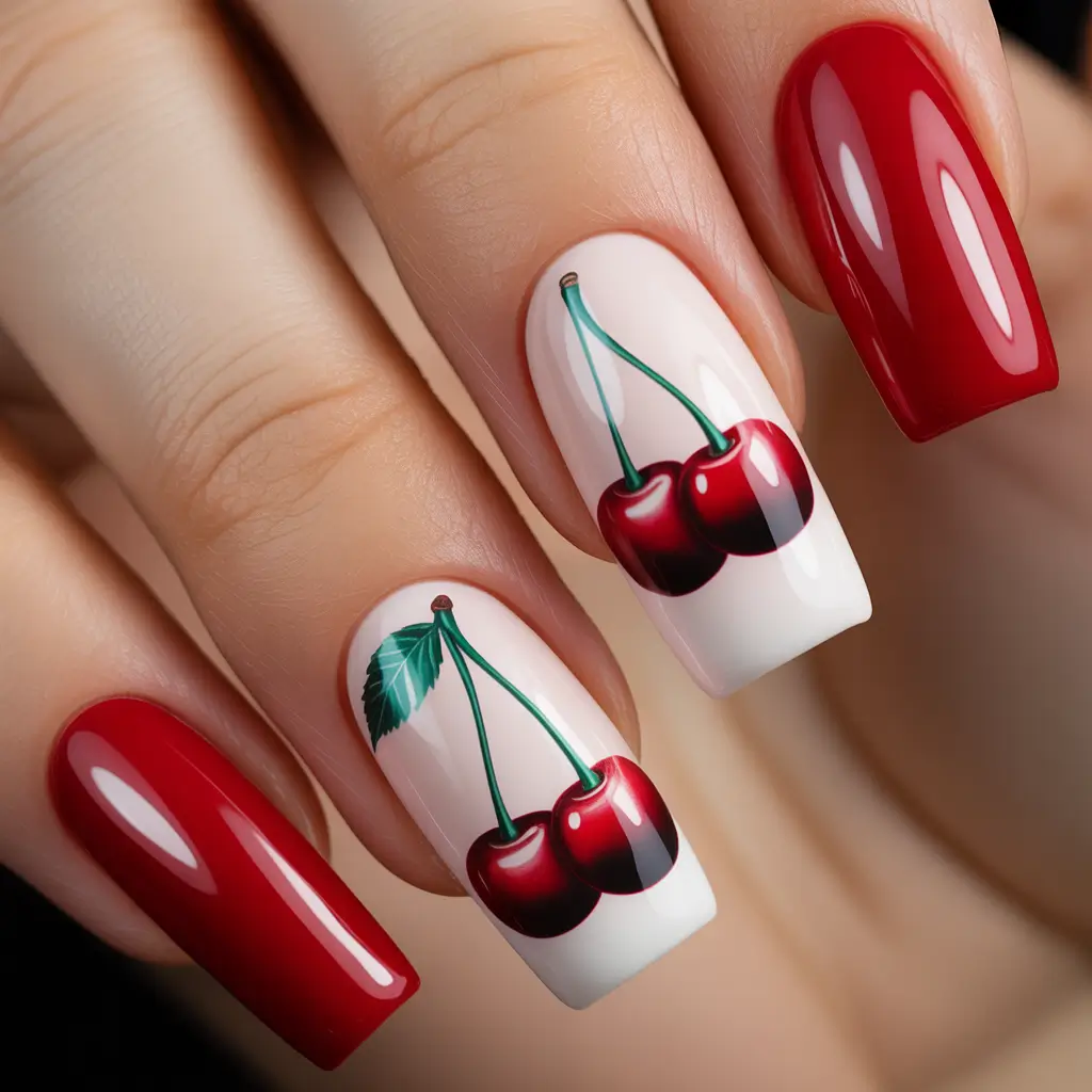 nails desig Playful Cherry Red Accent Nails