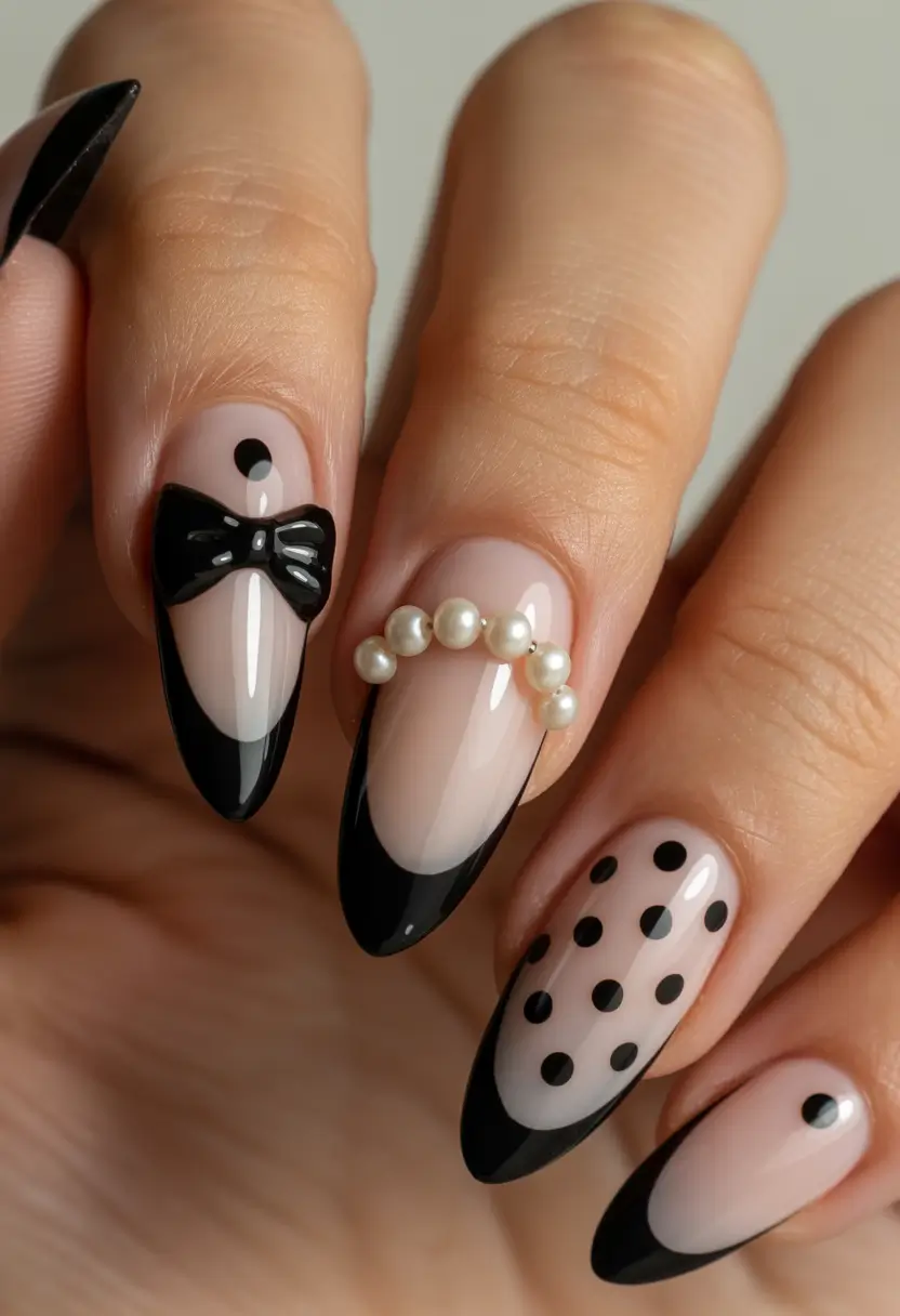 nails desig Black French with Pearls