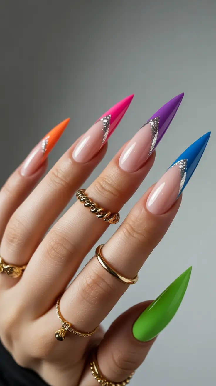 nails inspo Rainbow French Tips With a Neon Edge