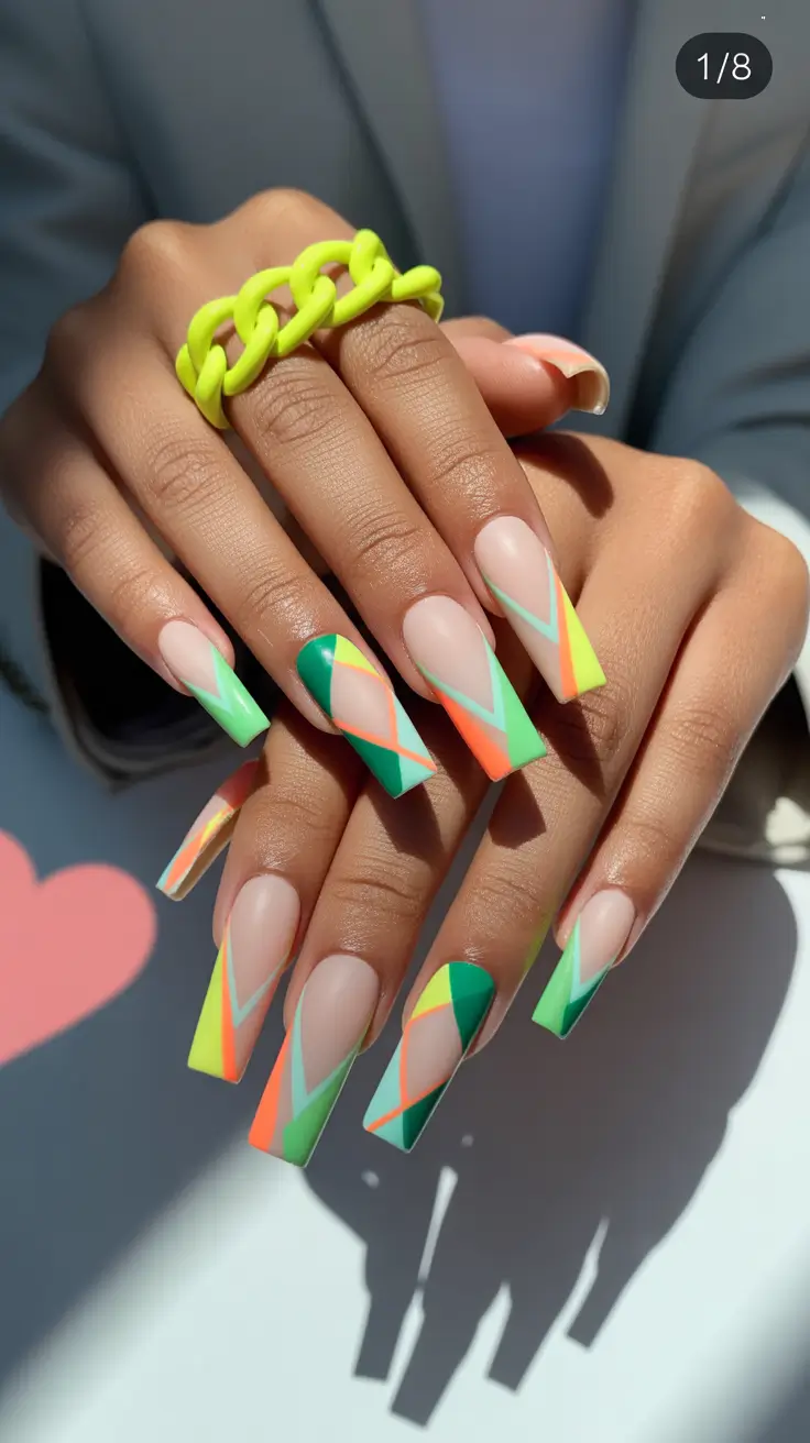 nails inspo Neon Geometry on a Soft Nude Base