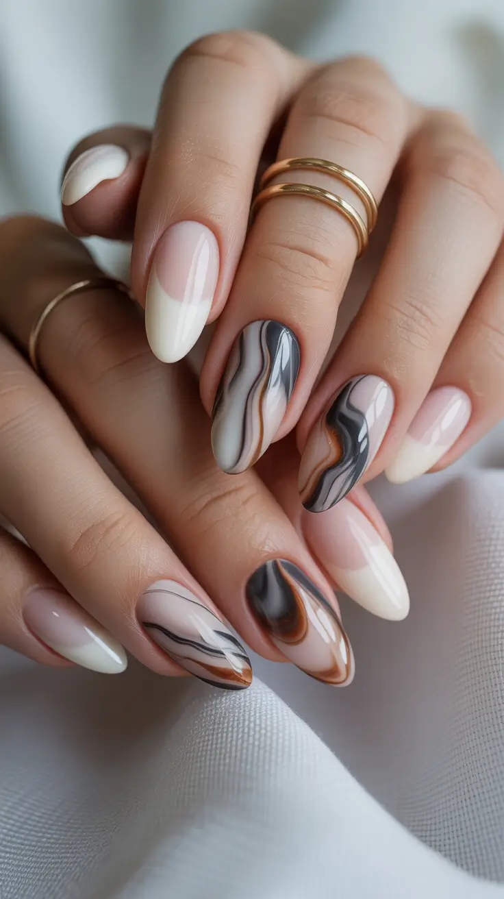 nails inspo Soft Marble Swirls in Neutral Tones