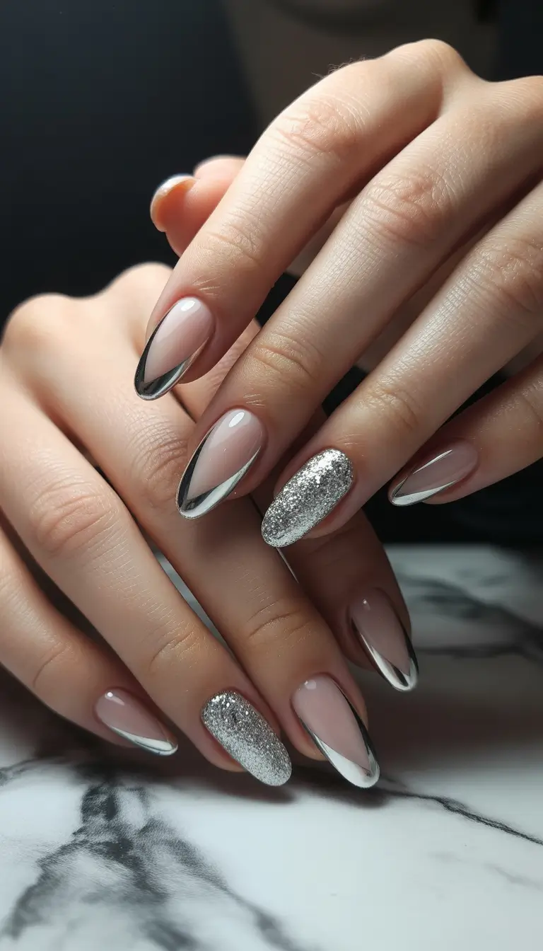 nails inspo Silver-Edged Minimal French With Sparkle