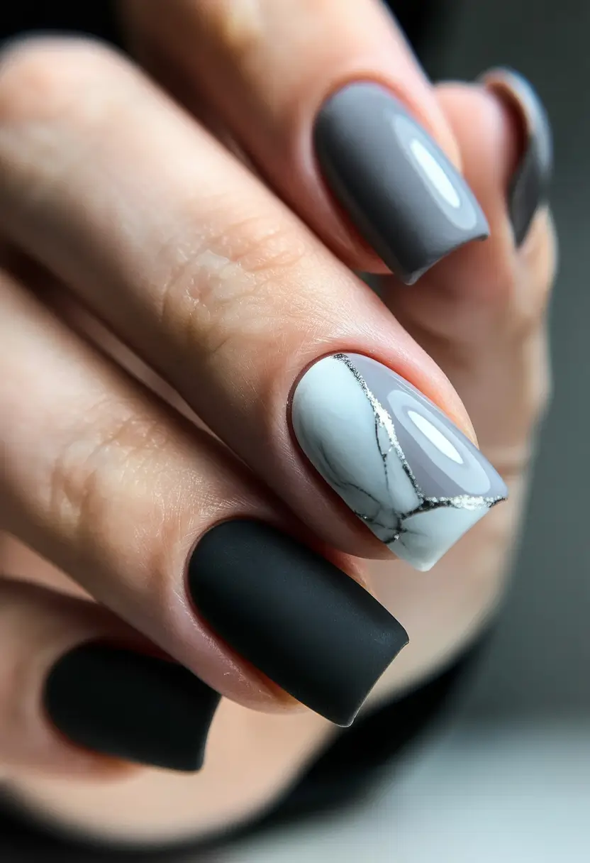 nails inspo Matte Black and Gray With Marble Detail