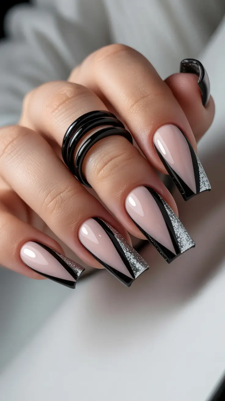 nails inspo Graphic Black French With Silver Dust