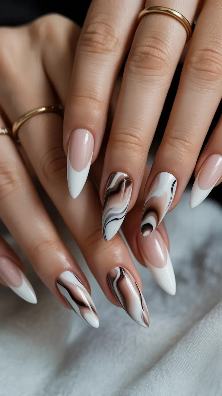 nails inspo Modern White French With Fluid Marble Lines
