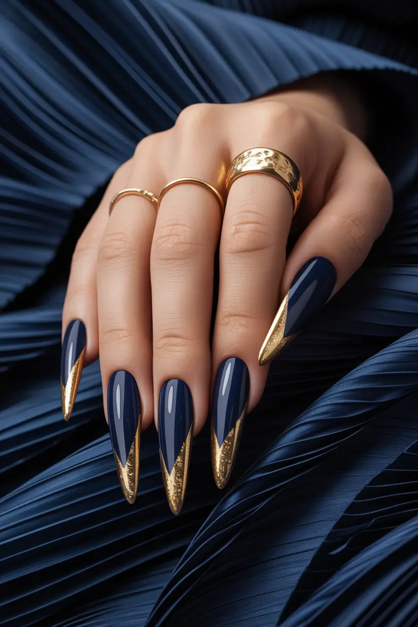 nails inspo Midnight Blue With Liquid Gold Tips