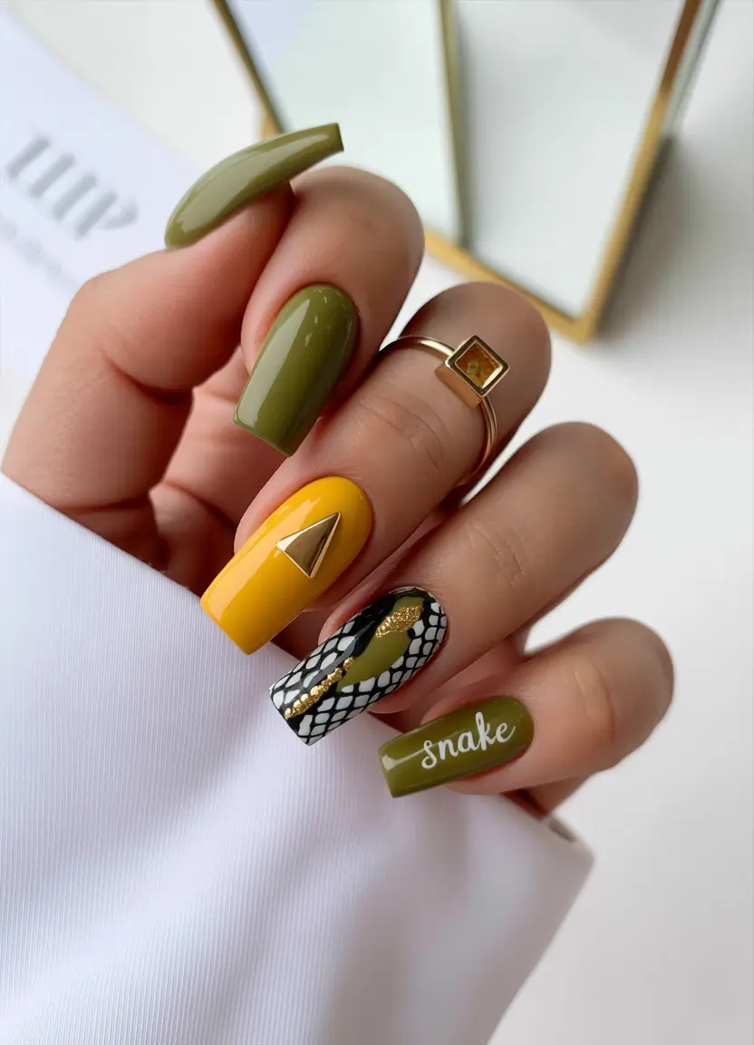 nails inspo Green and Yellow Statement Nails With Snake Motif