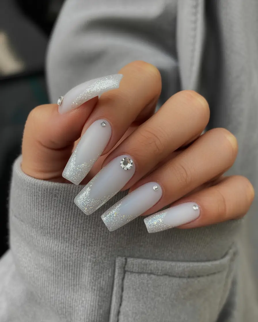 nails inspo Icy White Ombré With Subtle Crystal Accents