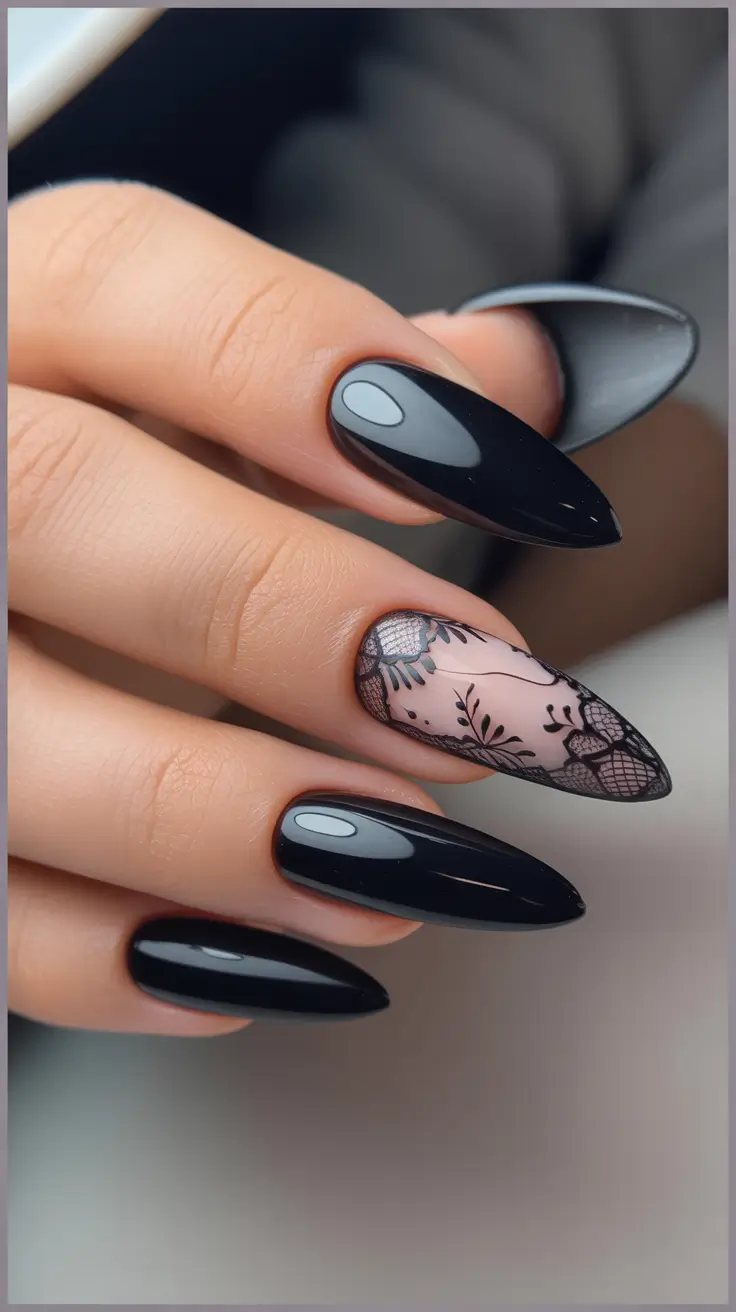nails inspo Glossy Black With Delicate Lace Detail