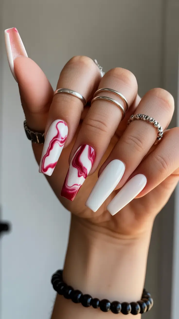nails inspo White and Red Marble With Modern Edge