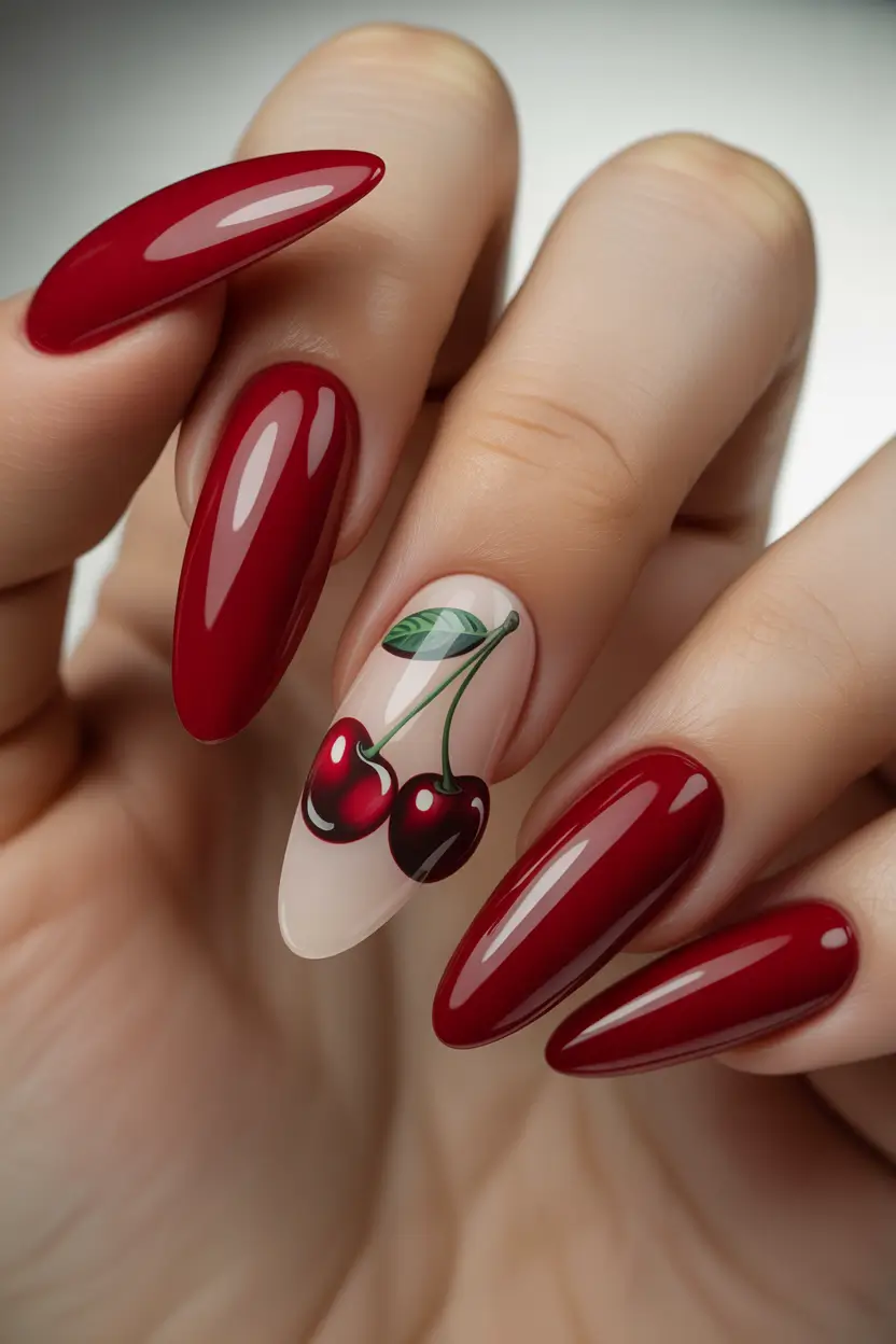 nails inspo Classic Red With a Cherry Accent