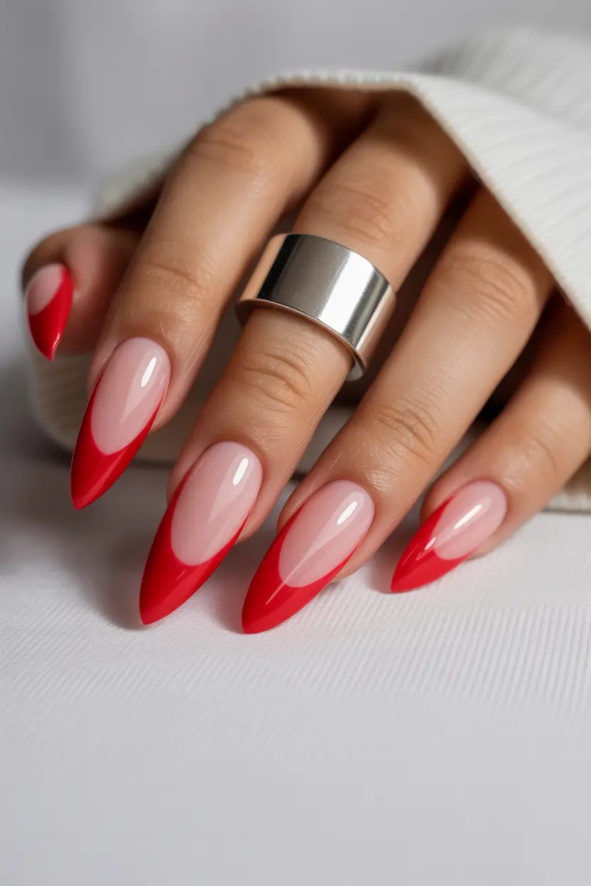 nails inspo Soft Pink French With Red Tips
