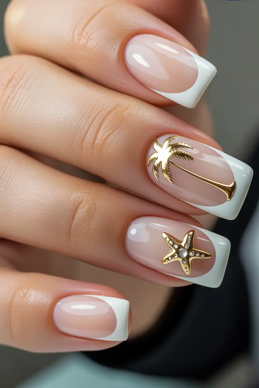 nails inspo Beachy French With Gold Accents