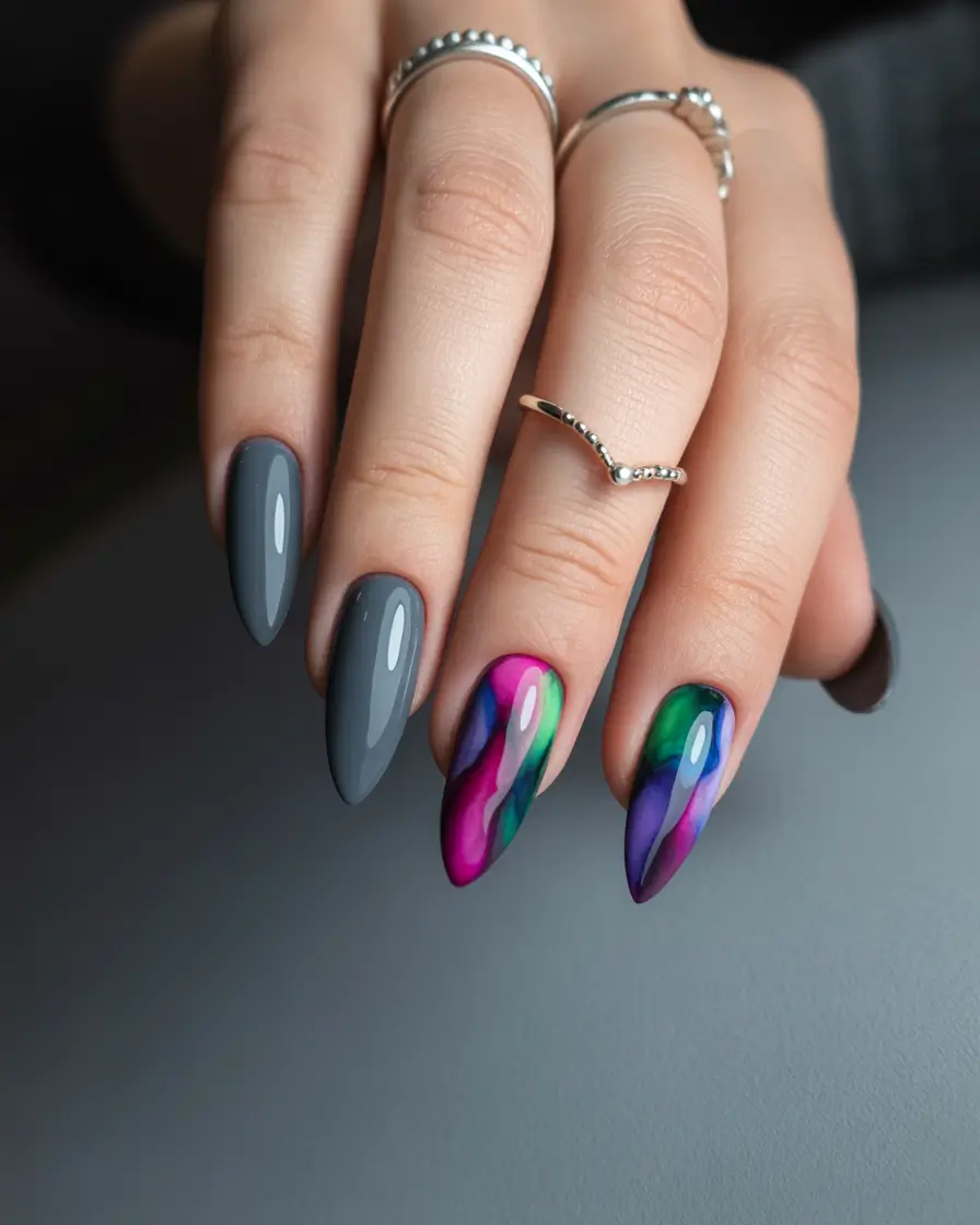 almond nails Moody Grey Almond Nails with Abstract Color Flow