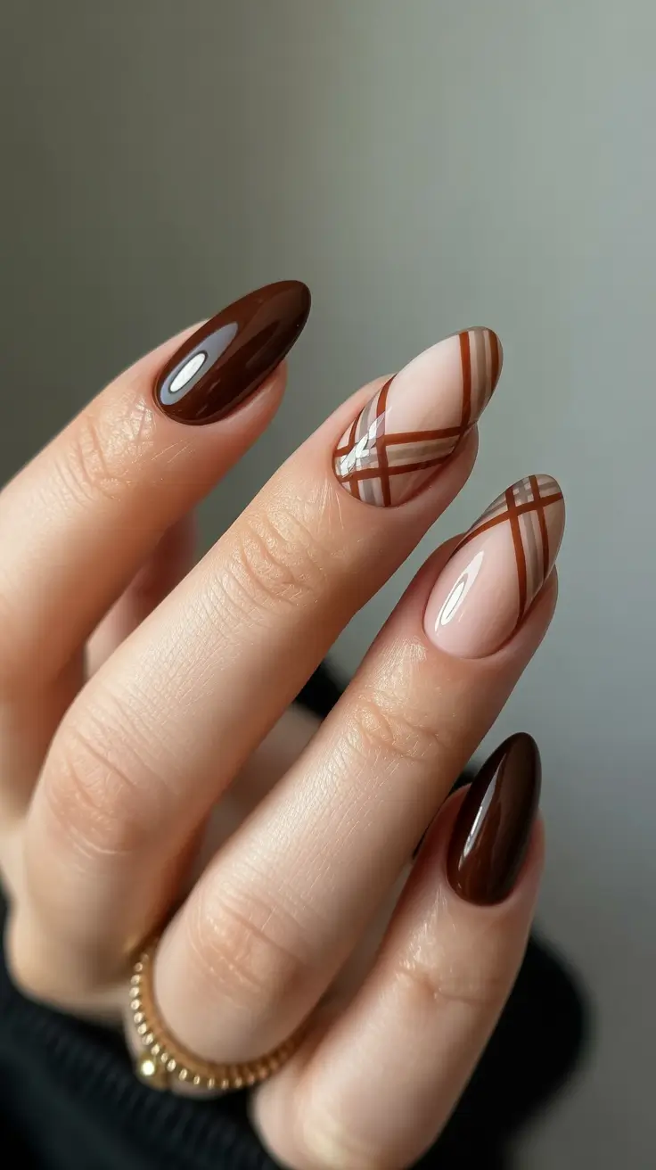 almond nails Brown Almond Nails with Modern Plaid Line Art