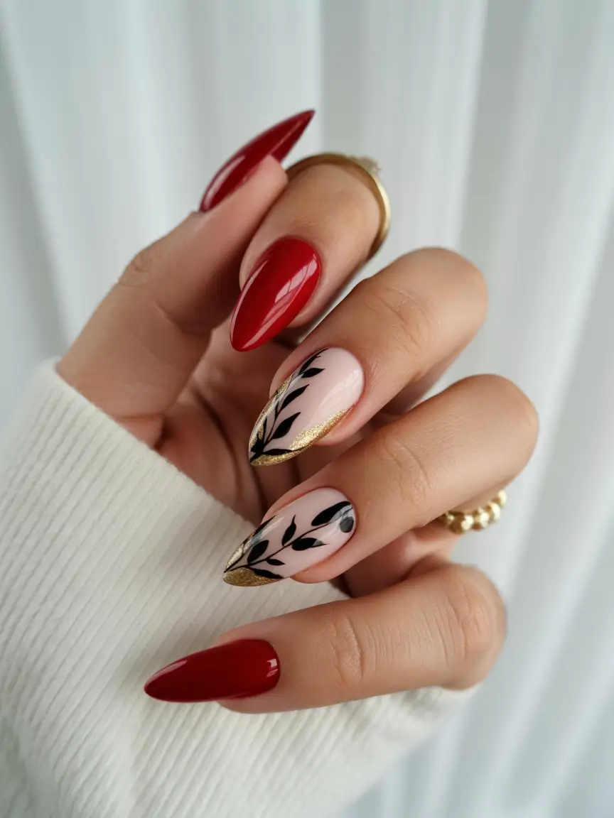 almond nails Classic Red Almond Nails with Botanical Black and Gold Accents