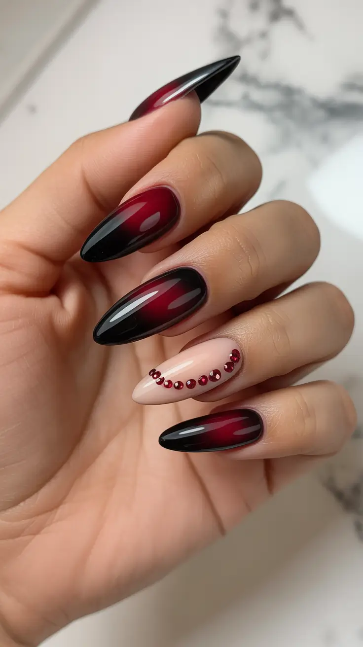 almond nails Deep Black and Wine Ombre Almond Nails with Crystal Detail