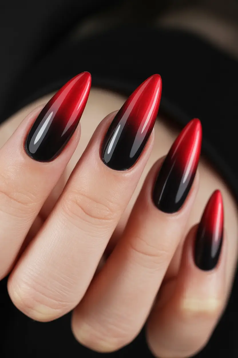 almond nails High-Gloss Red to Black Gradient Almond Nails