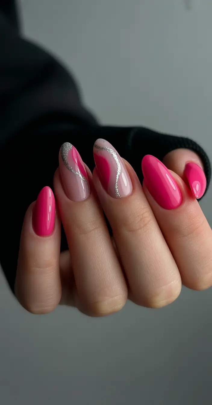 almond nails Bright Pink Almond Nails with Flowing Silver Line Accents