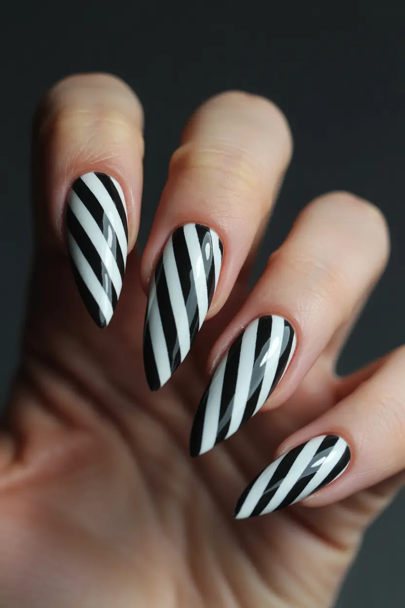 almond nails Graphic Black and White Striped Almond Nails
