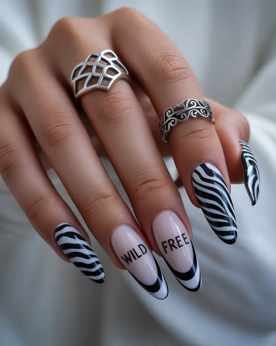 almond nails Zebra Inspired Almond Nails with Statement Typography