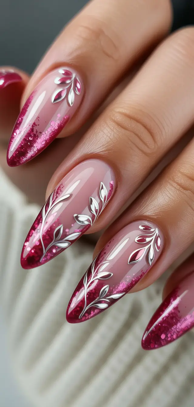 almond nails Pink Glitter Ombre Almond Nails with Silver Botanical Art