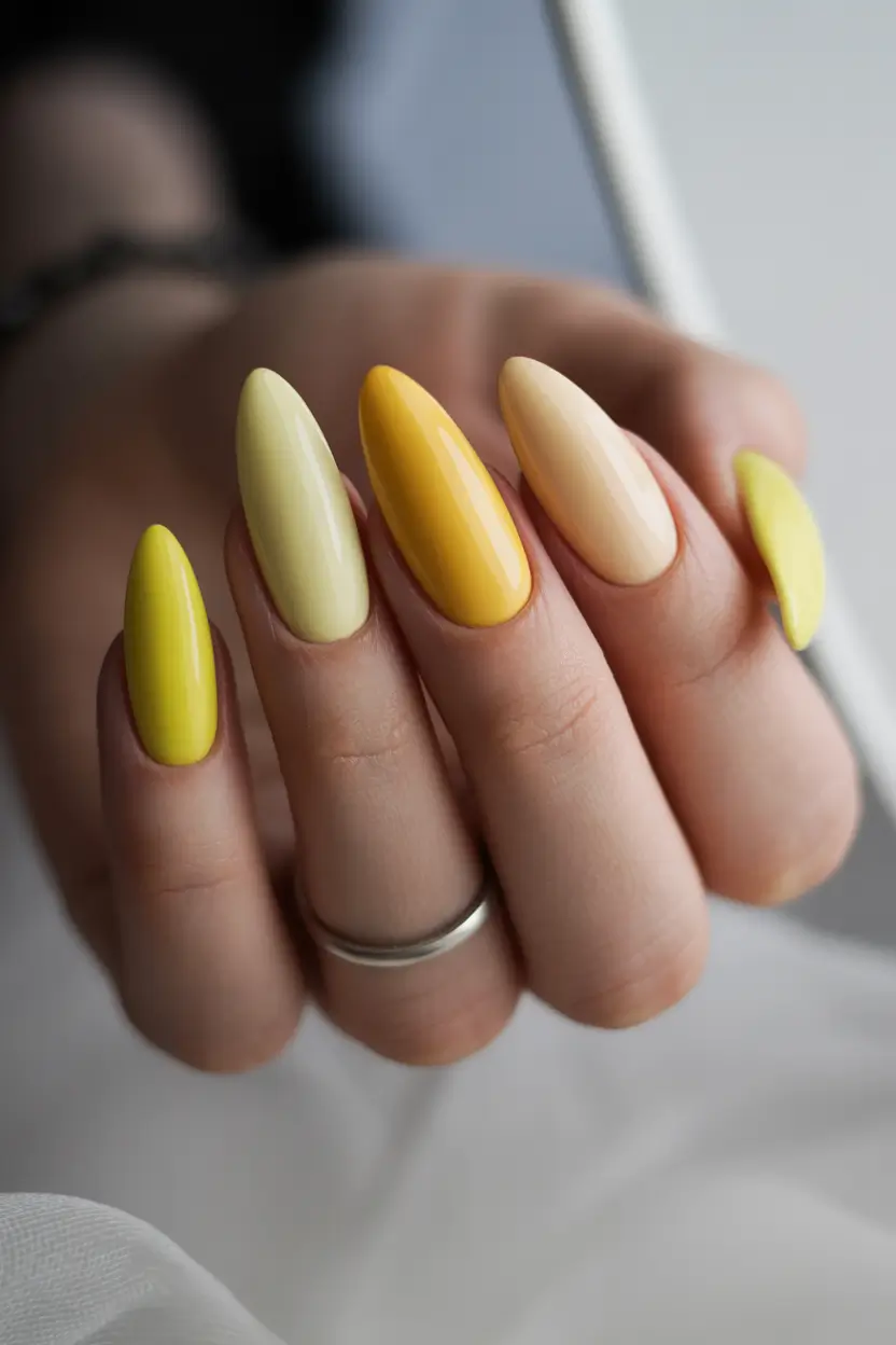 almond nails Soft Yellow Almond Nails in a Modern Monochrome Palette