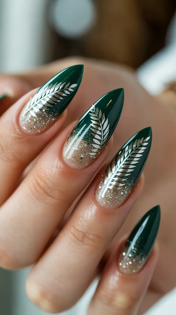 almond nails Deep Green Almond Nails with Gold Glitter and Leaf Motifs