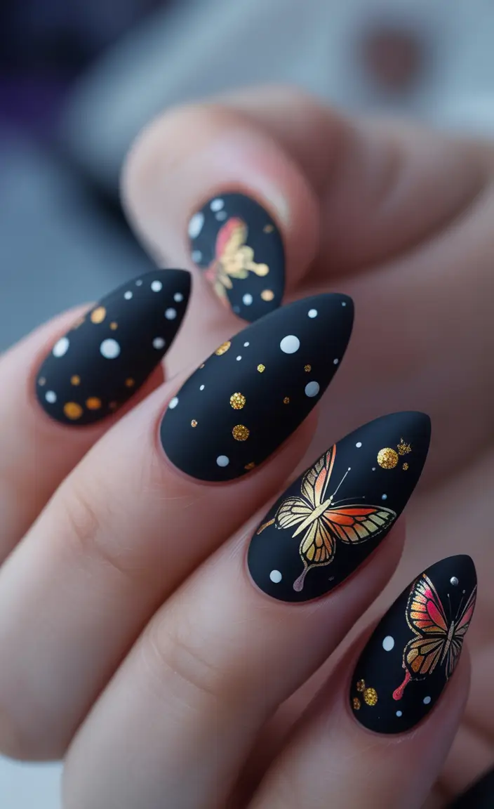 almond nails Matte Black Almond Nails with Golden Butterfly Art