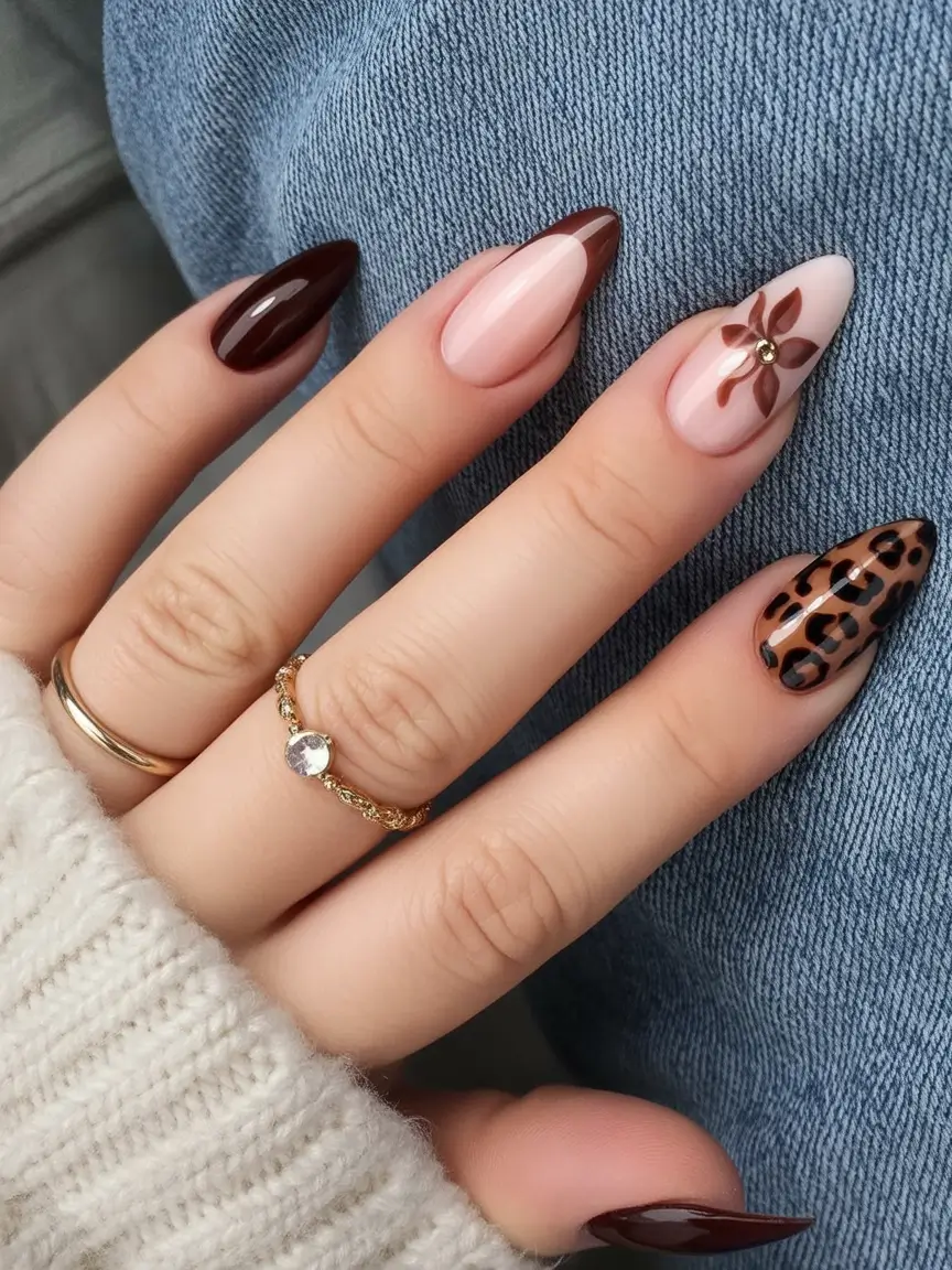 almond nails Neutral Brown Almond Nails with Leopard and Floral Accents