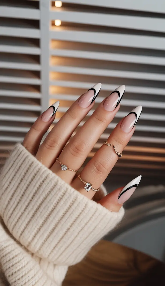 almond nails Modern French Tip Almond Nails with Graphic Black Lines