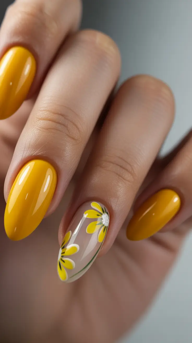 almond nails Sunny Yellow Almond Nails with Delicate Floral Accent