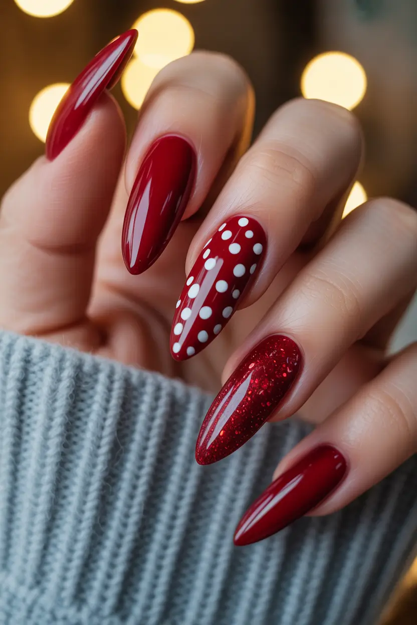 almond nails Classic Red Almond Nails with Playful Polka Details