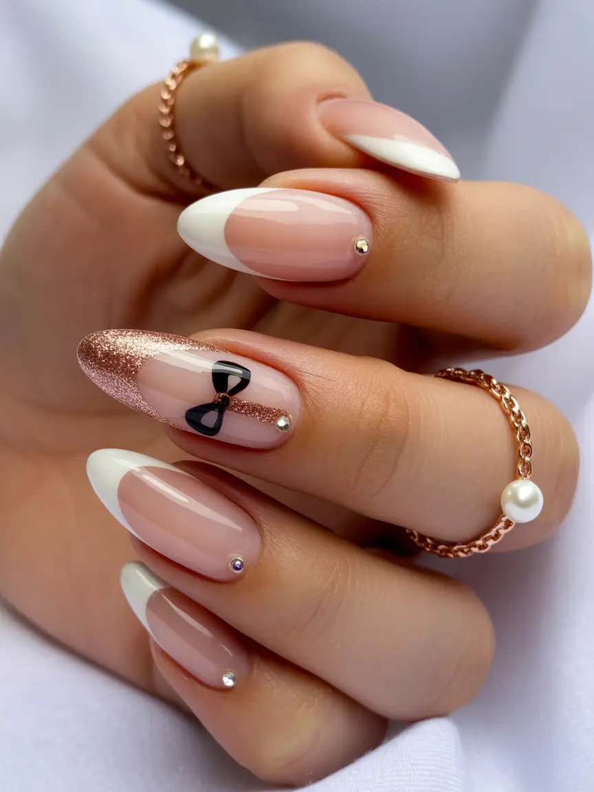 almond nails Milky Pink Almond Nails with Soft French Tip and Delicate Accents