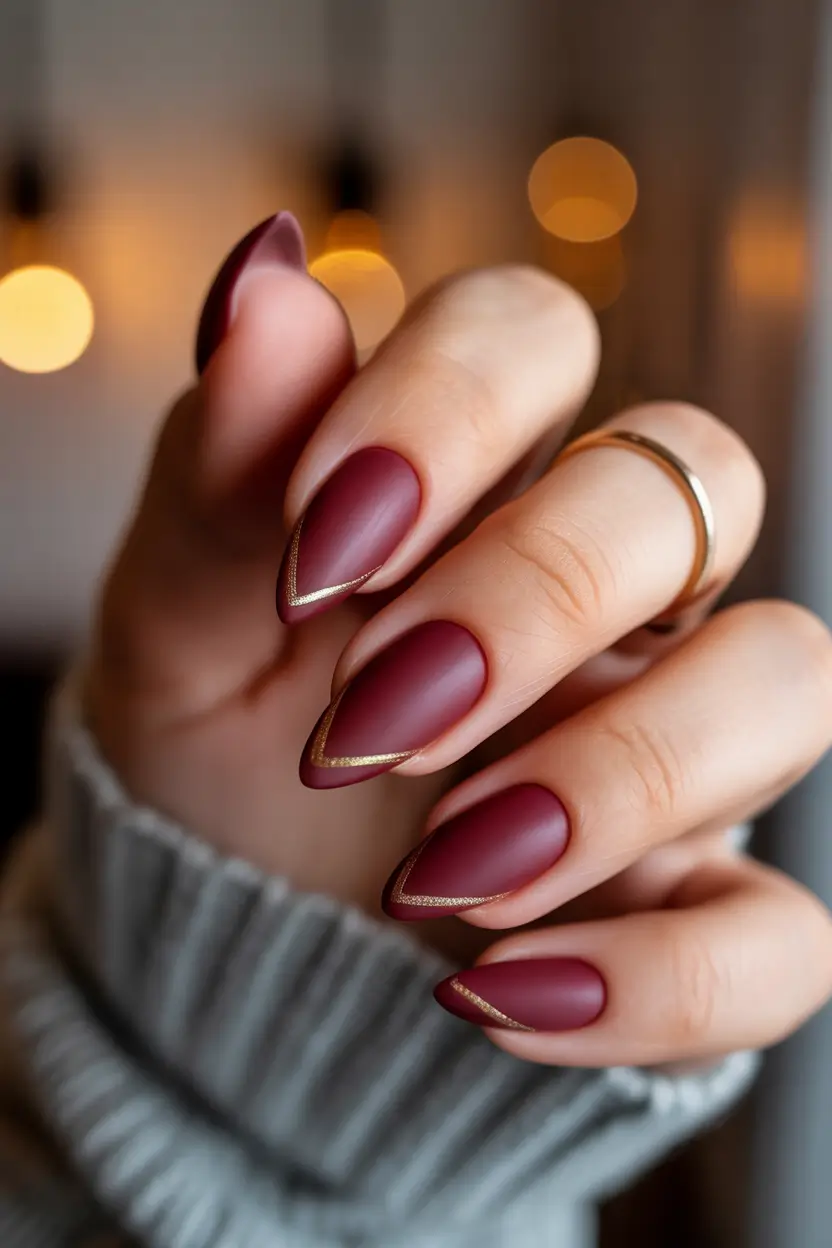 almond nails Matte Burgundy Almond Nails with Fine Gold Edge Detail