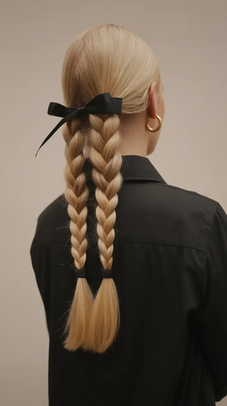 cute hairstyle Soft Twin Braids With a Satin Bow