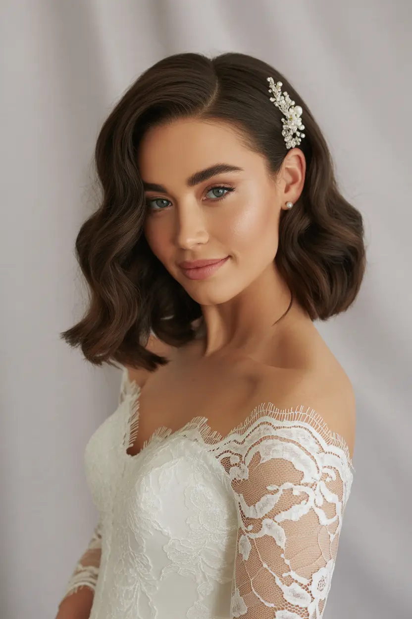 cute hairstyle Classic Side-Swept Waves With Pearl Accent