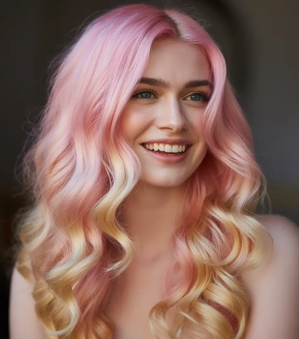 cute hairstyle Pastel Pink and Peach Waves With Soft Ombre Blend