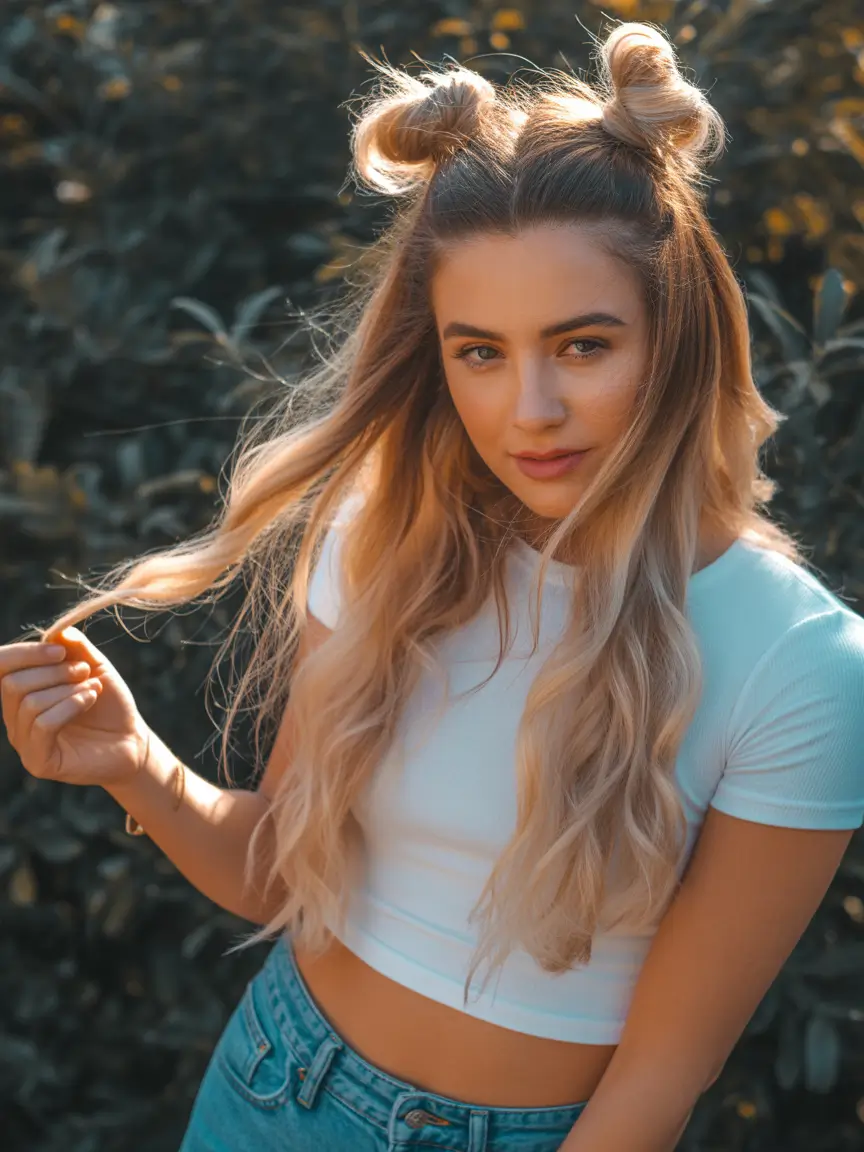 cute hairstyle Playful Space Buns With Loose Waves