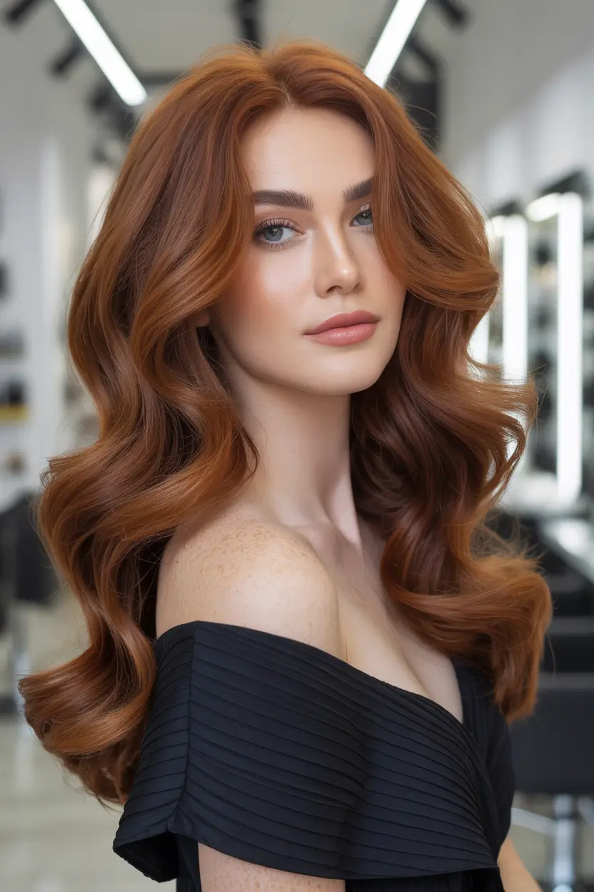 cute hairstyle Deep Copper Hollywood Waves With Luxurious Shine