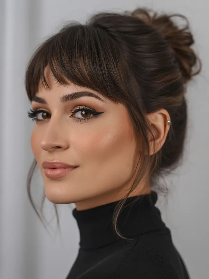 cute hairstyle Messy Bun With Soft Wispy Bangs