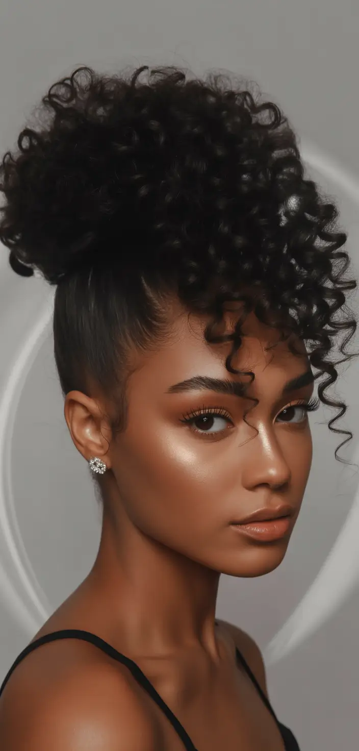 cute hairstyle High Curly Puff With Defined Spiral Fringe