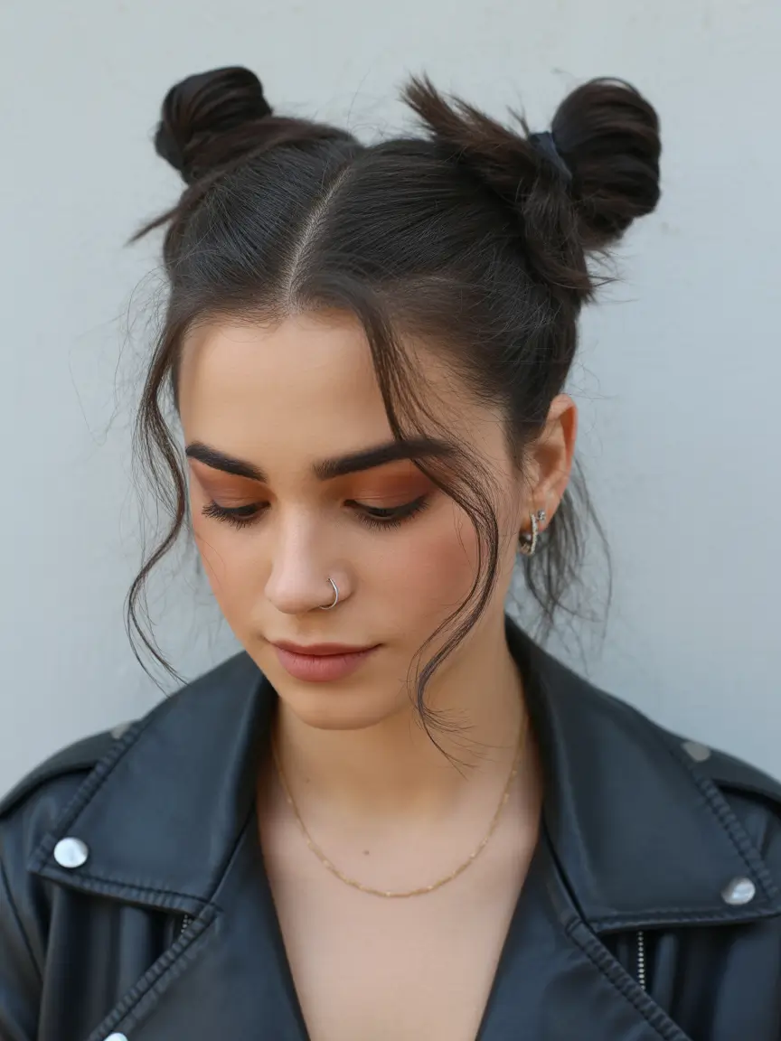 cute hairstyle Messy Mini Buns With Loose Face Pieces