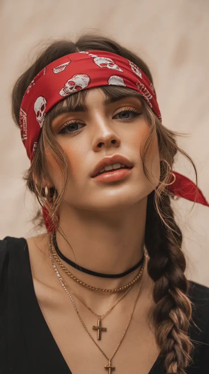cute hairstyle Bandana Braid With Soft Curtain Bangs
