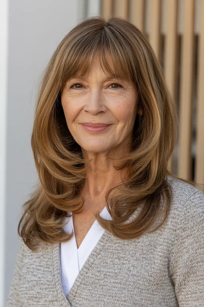 Haircuts for Women Over 60+Long Feathered Shag with Soft Curtain Bangs